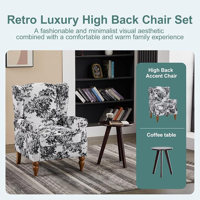 Coffee Table Armchair Set, High Back Reading Chair Solid Wood Side Table for - Image 8