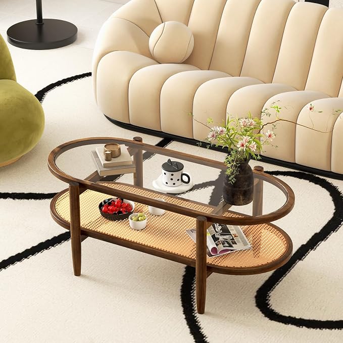 Giantex Rattan Coffee Table, 2-Tier Oval Acacia Wood Tea Table w/Tempered Glass - Image 8