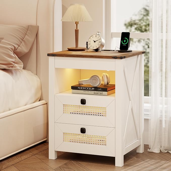 Bedside Table Set of 2 with Charger Station, Night Stand with Gun Drawer - Image 7