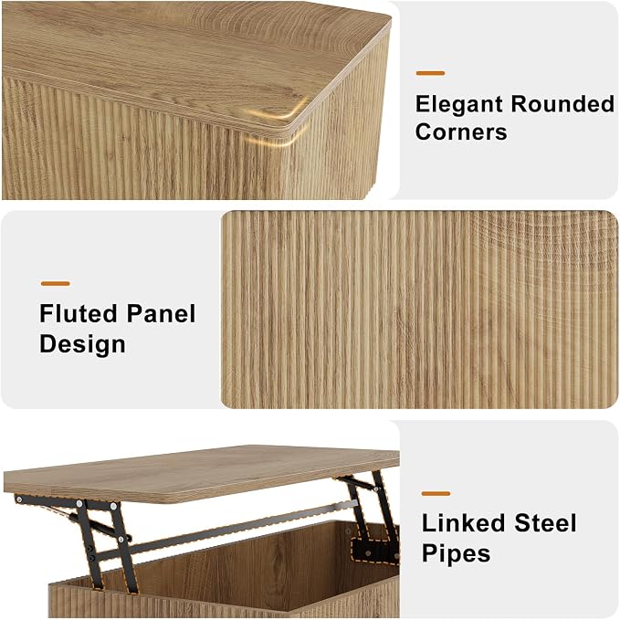 FABATO Mid Century Modern Coffee Table, Wooden Fluted Center Table - Image 5