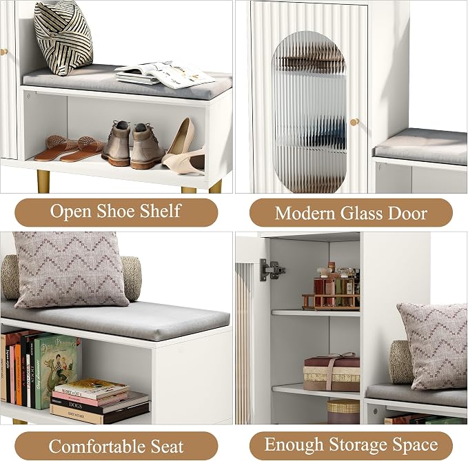HLR Storage Bench with Glass Door&Shelf, Modern Entryway Shoe Cabinet Bench - Image 7