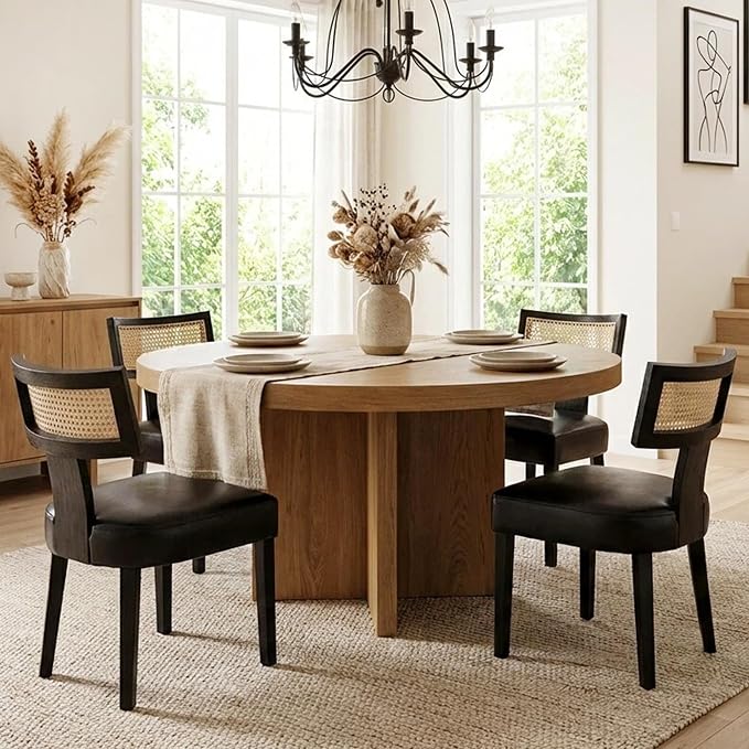HNY Mid Century Modern Rattan Dining Chairs Set of 2, Farmhouse PU Leather - Image 7
