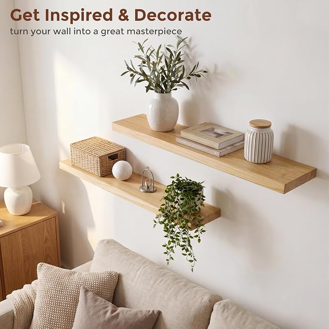 fuqing 40 Inch Floating Shelves | 6.7 Inch Deep Natural Wood Shelves Set of 2 | - Image 6
