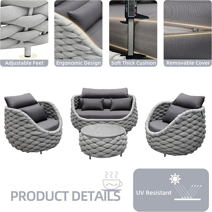TWT Patio Furniture Set 4 Pieces Aluminum Outdoor Furniture w/27.8in Coffee - Image 4