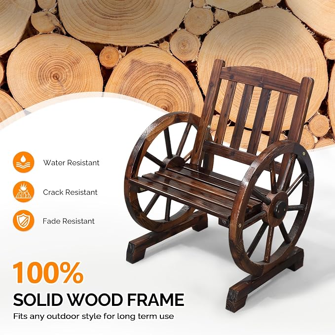 VINGLI Rustic Wooden Wheel Bench Outdoor Bench, Patio Bench Wagon Slatted Seat - Image 6