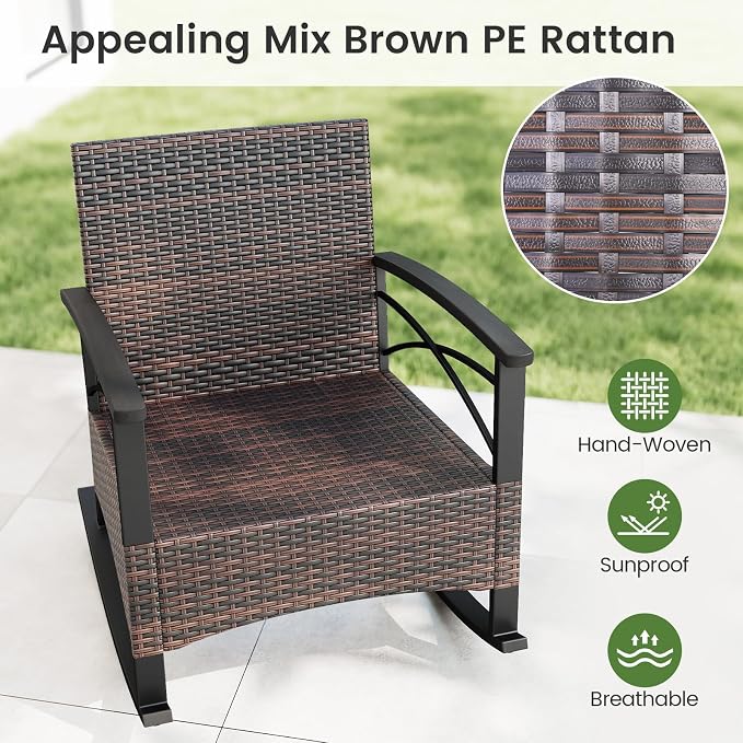 Tangkula 3 Pieces Outdoor Rocking Chairs Set, Rattan Heavy Duty Cushioned - Image 6