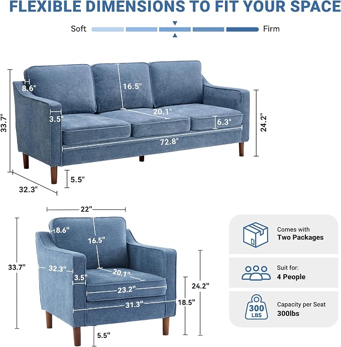 Kingfun Living Room Furniture Sets, 3 Seater Couch and Armchair, Mid Century - Image 2