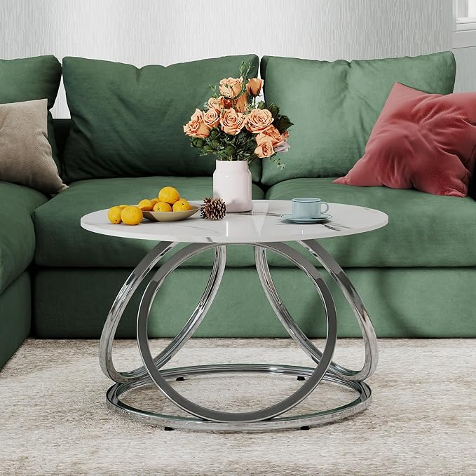 O&K FURNITURE Silver Coffee Table, Round Coffee Table Faux Marble Veins - Image 8