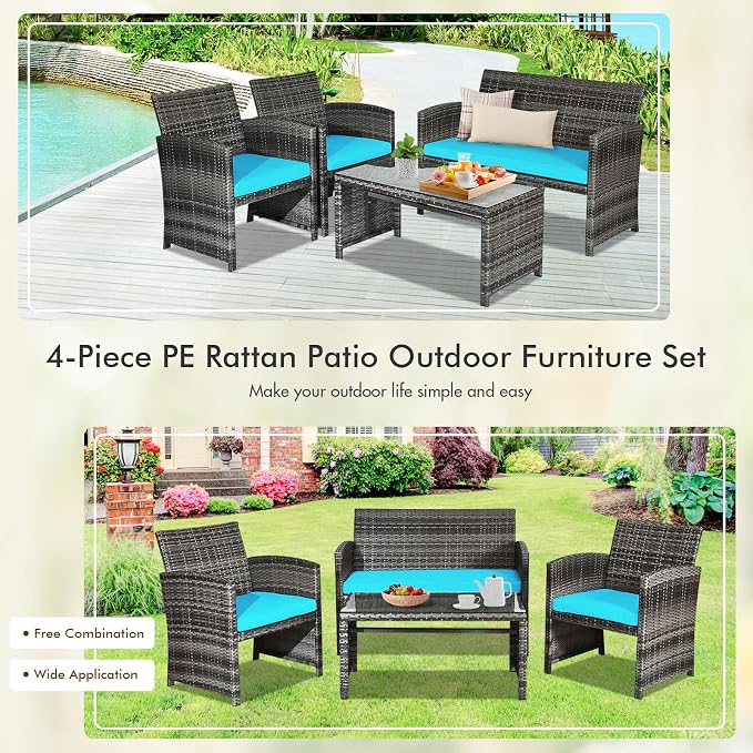 Goplus 4-Piece Rattan Patio Furniture Set, Outdoor Wicker Conversation Sofa - Image 5