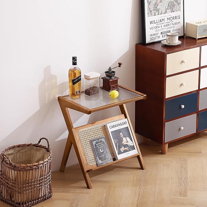 Tiita Rattan Nightstand Side Table, Bamboo Accent Bedside Tables, Glass Coffee - Image 10