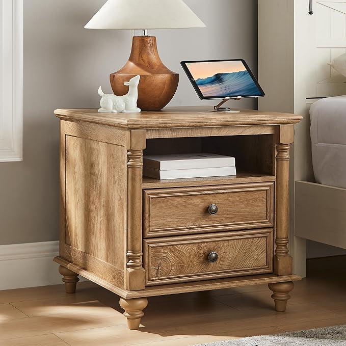 T4TREAM 24'' Farmhouse End Table w/4 Solid Wood Feet, Large 2 Drawers Wide Sofa by T4TREAMFurniture