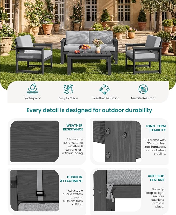 SERWALL 4 Pieces HDPE Outdoor Sofa Set - Image 4