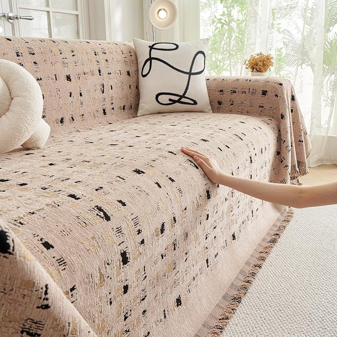 DREAMINGO Abstract Chenille Couch Cover Blanket Coffee Black Boho Sofa Cover - Image 3