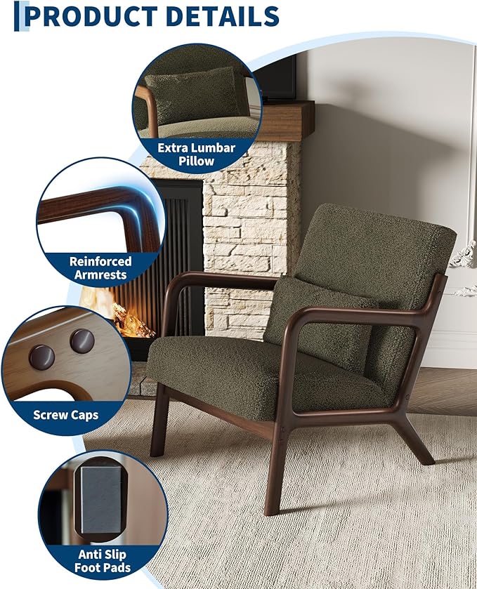 Garvee Mid-Century Modern Accent Chair, Sherpa Upholstery, Solid Wood Armchair - Image 4