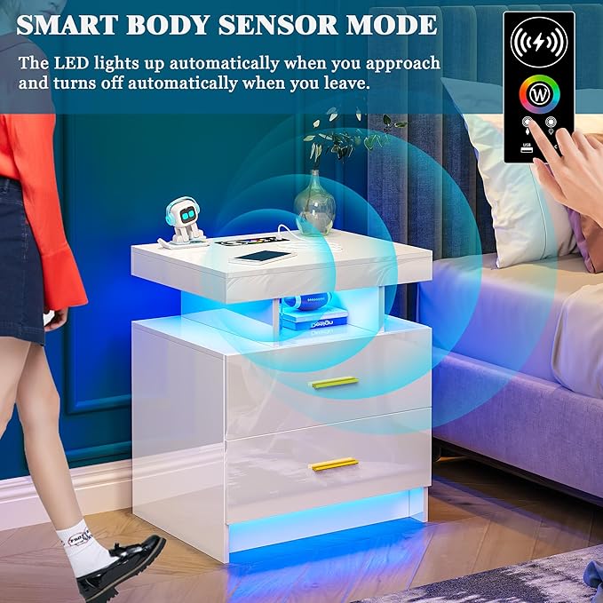 WOOVIVS Night Stand with Light, High Gloss Nightstand with USB/Wireless - Image 6