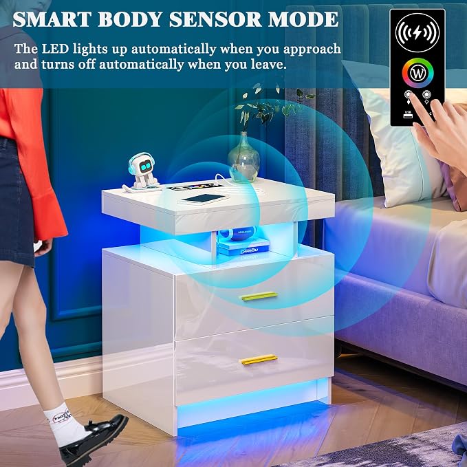 WOOVIVS Night Stand Set 2 with USB/Type-C/Wireless Charging Station, Modern - Image 6