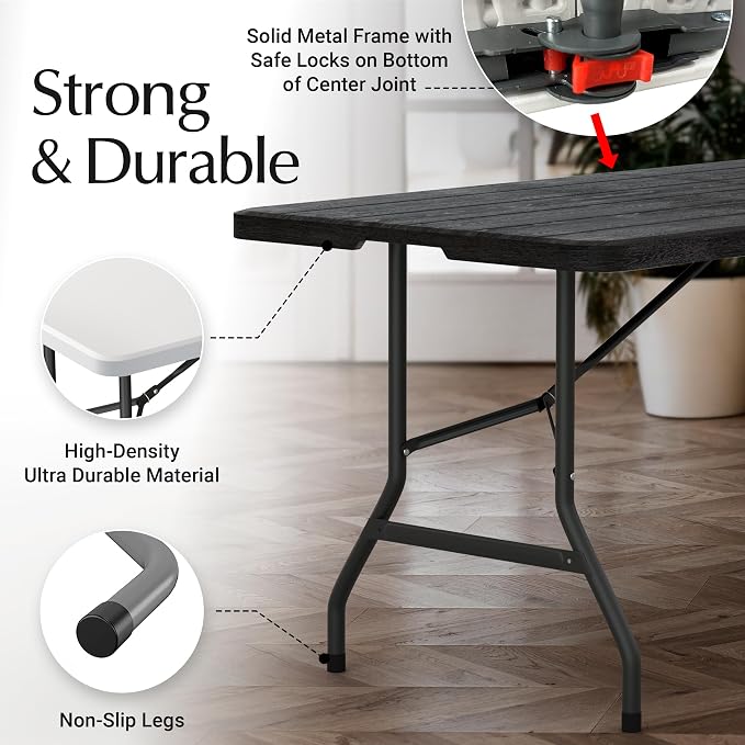 6 Feet Foldable Table with Built in Handle & Steel Legs | 6FT Heavy Duty - Image 2