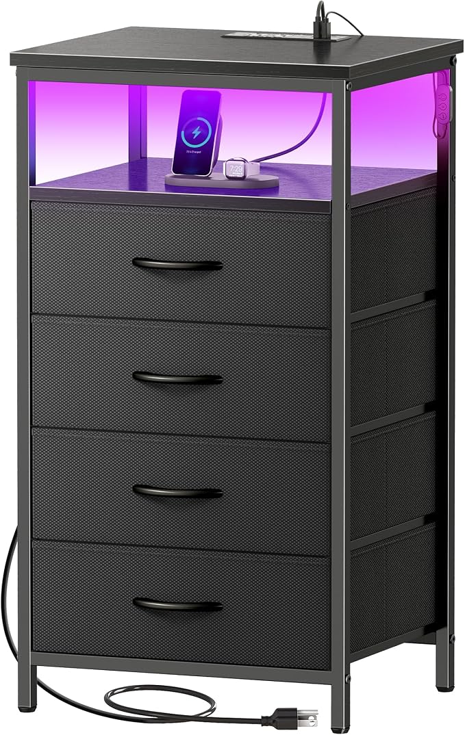 Huuger Night Stand with Charger Station and LED Lights, 4 Drawer Nightstand by Huuger