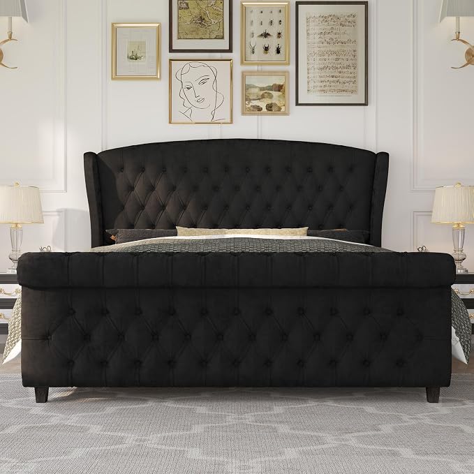 AMERLIFE California King Size Platform Bed Frame, Velvet Upholstered Sleigh Bed - Image 3