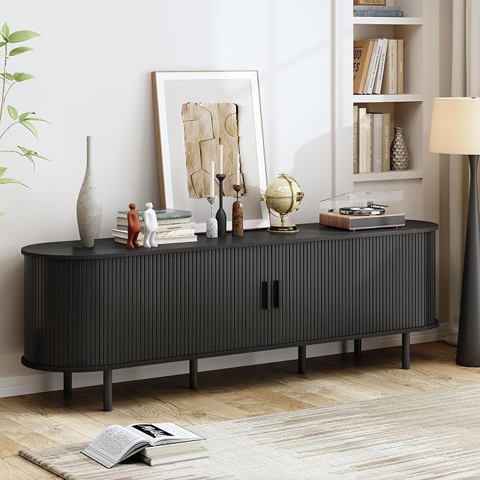 70.8" TV Stand with Power Outlet, Mid-Century Modern Television Stand, Fluted - Image 5