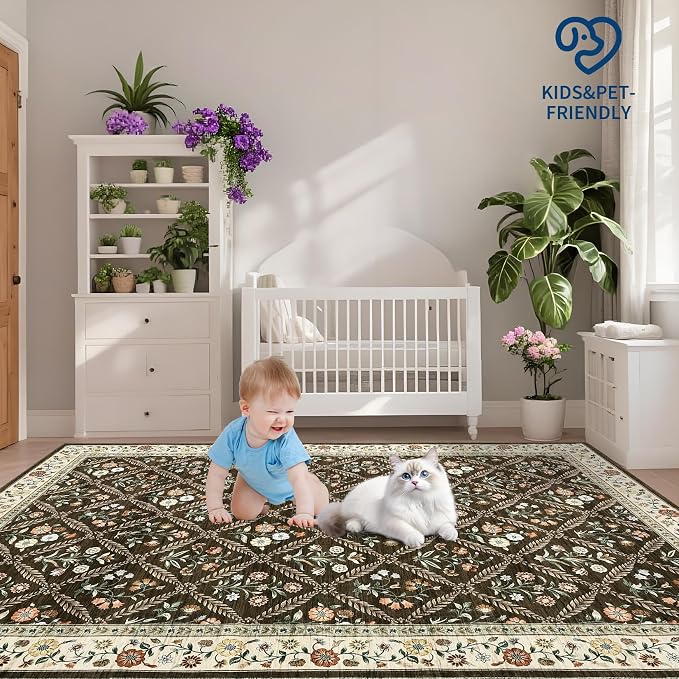 Large Entryway Rug 3x5 Floral Washable Area Rugs Vintage Soft Non-Slip Small - Image 8