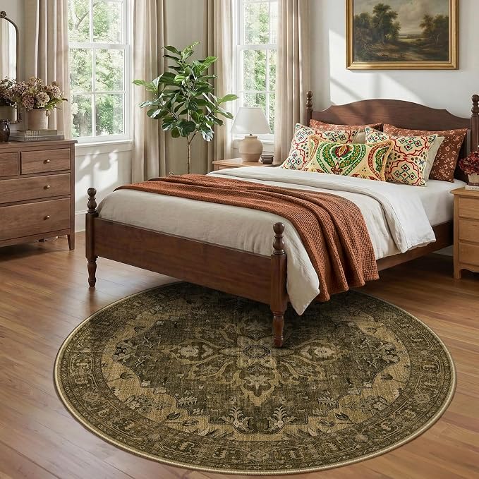 RELEANY Area Rugs Round 7ft Washable Non-Slip, Floral Vintage Distress Print - Image 2
