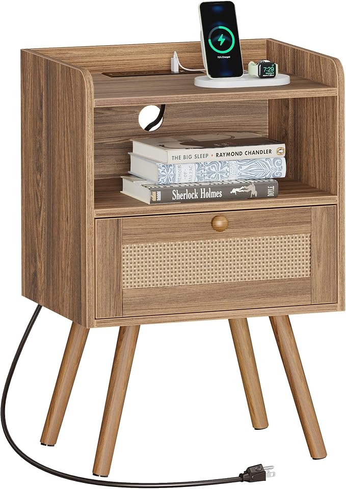 SUPERJARE Nightstand with Charging Station & Rattan-Like Decor Drawer, Rattan by SUPERJARE