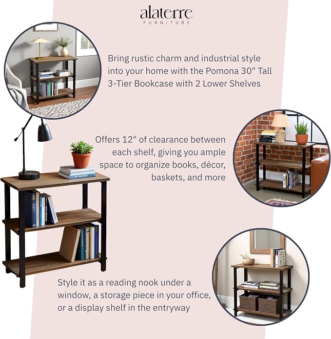 Alaterre Furniture Pomona Living Room 3-Tier Solid Wood Under-Window Bookshelf - Image 4