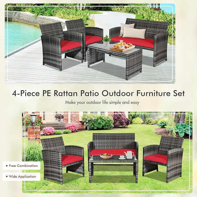 Goplus 4-Piece Rattan Patio Furniture Set, Outdoor Wicker Conversation Sofa - Image 5