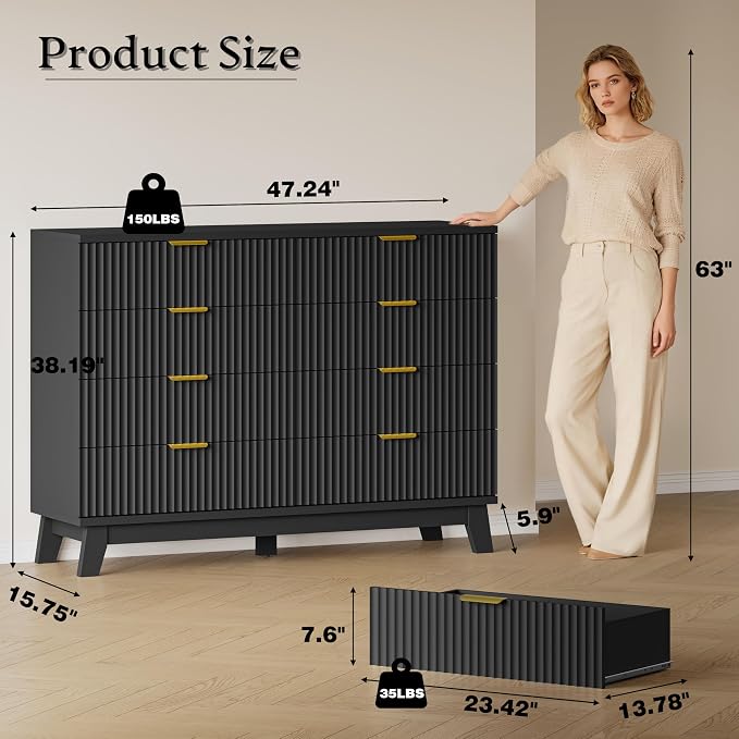 BORNOON Fluted 8 Drawer Tall Dresser, 47.2" Wide Modern Boho Chest of Drawers - Image 2