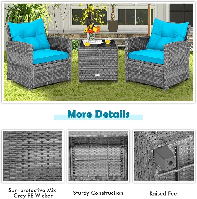 HAPPYGRILL 3 Pieces Patio Conversation Set, Outdoor Furniture Set PE Rattan - Image 6