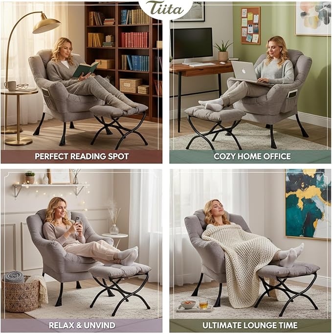 Tiita Modern Lazy Chair with Ottoman, Large Accent Armchair, Leisure Sofa - Image 7