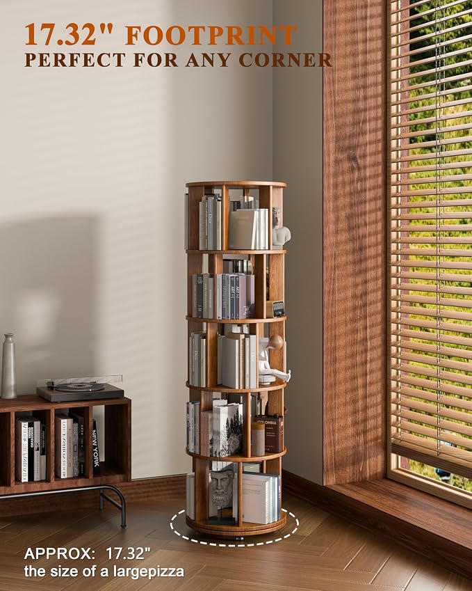 5-Tier Solid Wood Rotating Bookshelf on Wheels, 360° Spinning Book Shelf Tower - Image 6