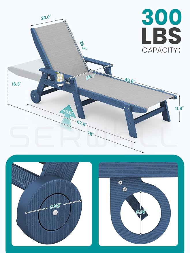 SERWALL Textilene Patio Chaise Lounge Chair Set of 2, 5 Positions Outdoor - Image 2