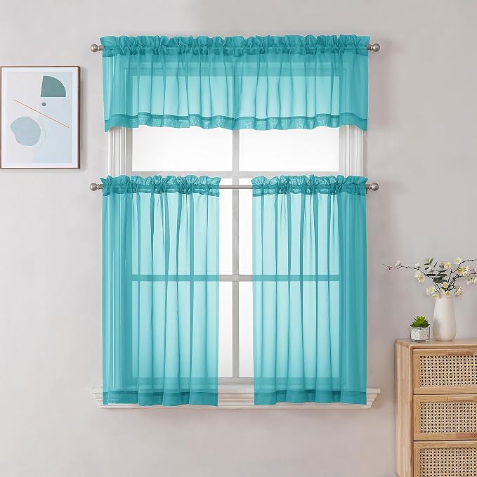 Gwine Turquoise Sheer Curtain Tiers 24 Inch Length, Light Filtering Voile Short - Image 2