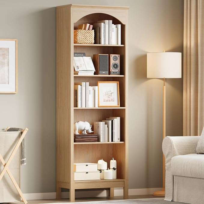 Arched Set of 2 Bookshelf with 5 Tier Open Shelves, Living Room, Natural Oak - Image 6