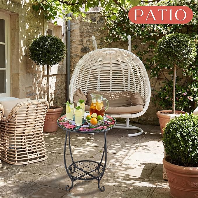 Cinnvoice Outdoor Side Table Round Small Mosaic Patio Accent Indoor End Plant - Image 2