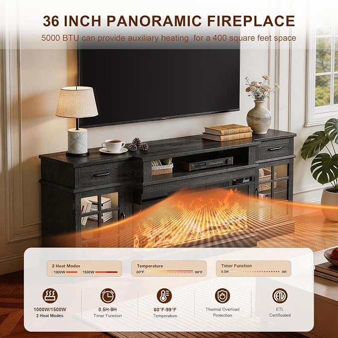 MXV 70" Fireplace TV Stand, 3-Sided Glass Fireplace and Modern Entertainment - Image 5