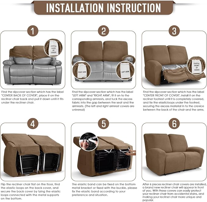 TAOCOCO Recliner Loveseat Slipcover, 6 Pieces Dual Recliner Sofa Covers - Image 6