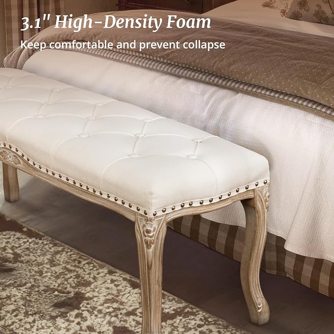 Cozyman Bedroom Bench, French Vintage Tufted Entryway Bench, 45.2" Carving - Image 5