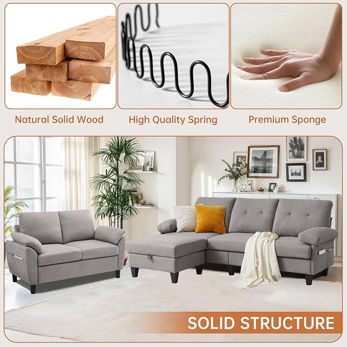 84" Convertible Sectional Sofa Set, 3 Seat L Shaped Couch - Image 3