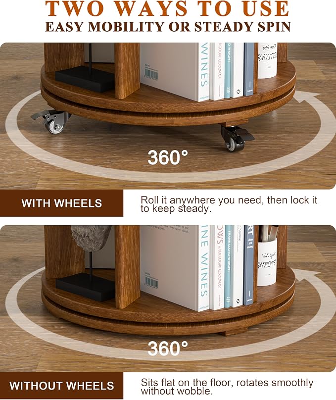3-Tier Solid Wood Rotating Bookshelf on Wheels, 360° Spinning Book Shelf Tower - Image 5