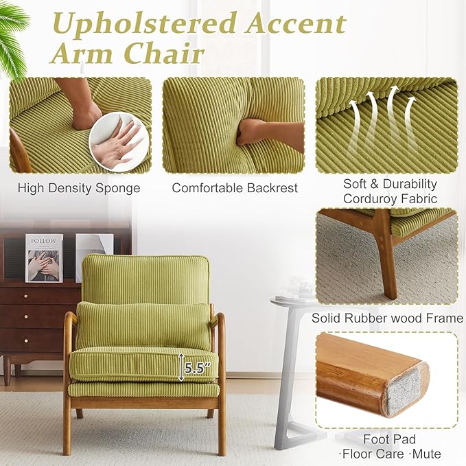 VINGLI Upgraded Premium Corduroy Accent Chair, Upholstered Arm Chair, Solid - Image 5