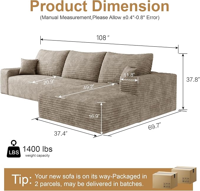 108" Sectional Couches for Living Room Cloud Couch Sofa - Image 2