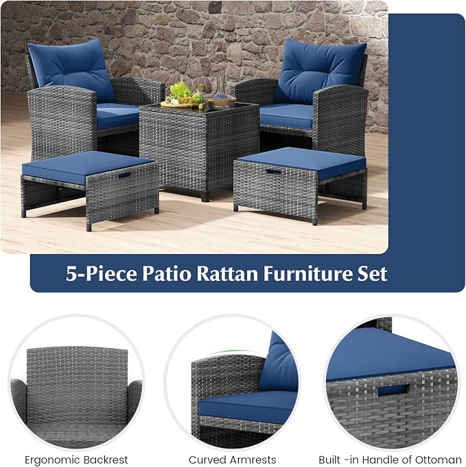 Tangkula 5 Pieces Patio Conversation Set, PE Wicker Rattan Outdoor Furniture Set - Image 5