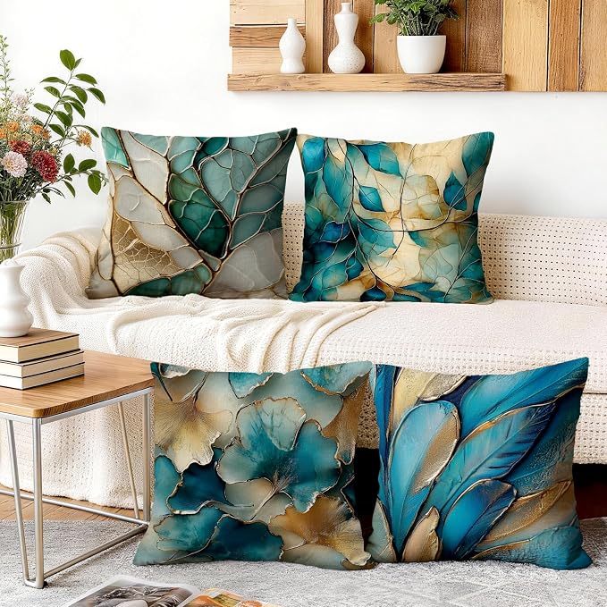 OBSEDE Teal and Gold Leaf Decorative Throw Pillow Covers 18x18 Set of 4 - Image 5