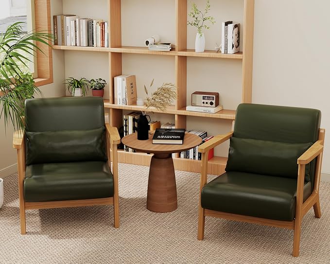 Accent Chair and Ottoman Set, Mid-Century Modern Faux Leather Upholstered - Image 8