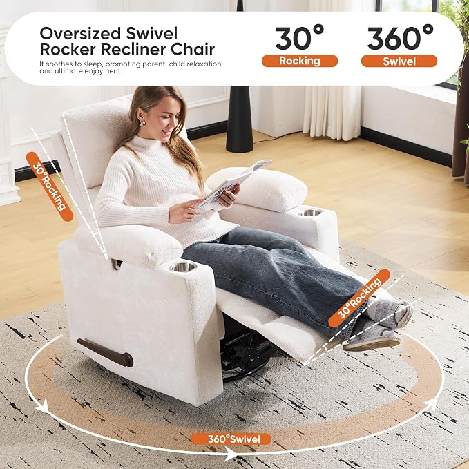 Swivel Rocker Recliner with Adjustable Armrests, Rocking Nursery Chair with - Image 5