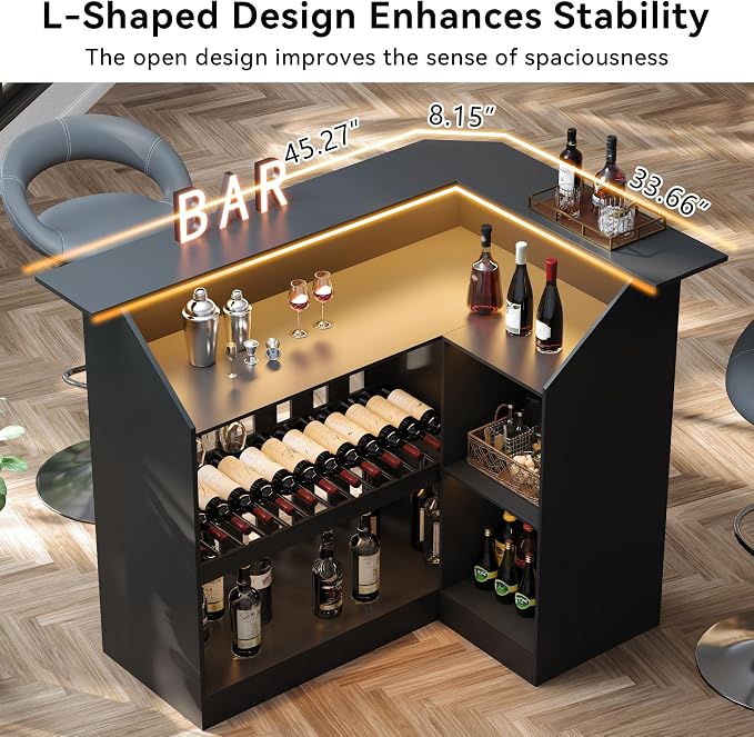 L Shaped Bar Table with LED Light, 4-Tier Corner Wine Bar Cabinet with Stemware - Image 9
