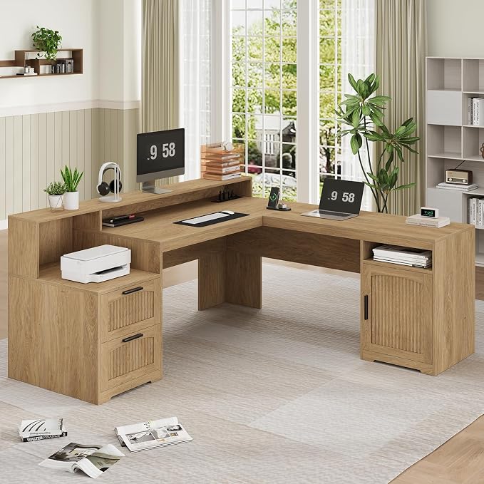 YOMILUVE 63" Farmhouse L Shaped Executive Desk - Image 9